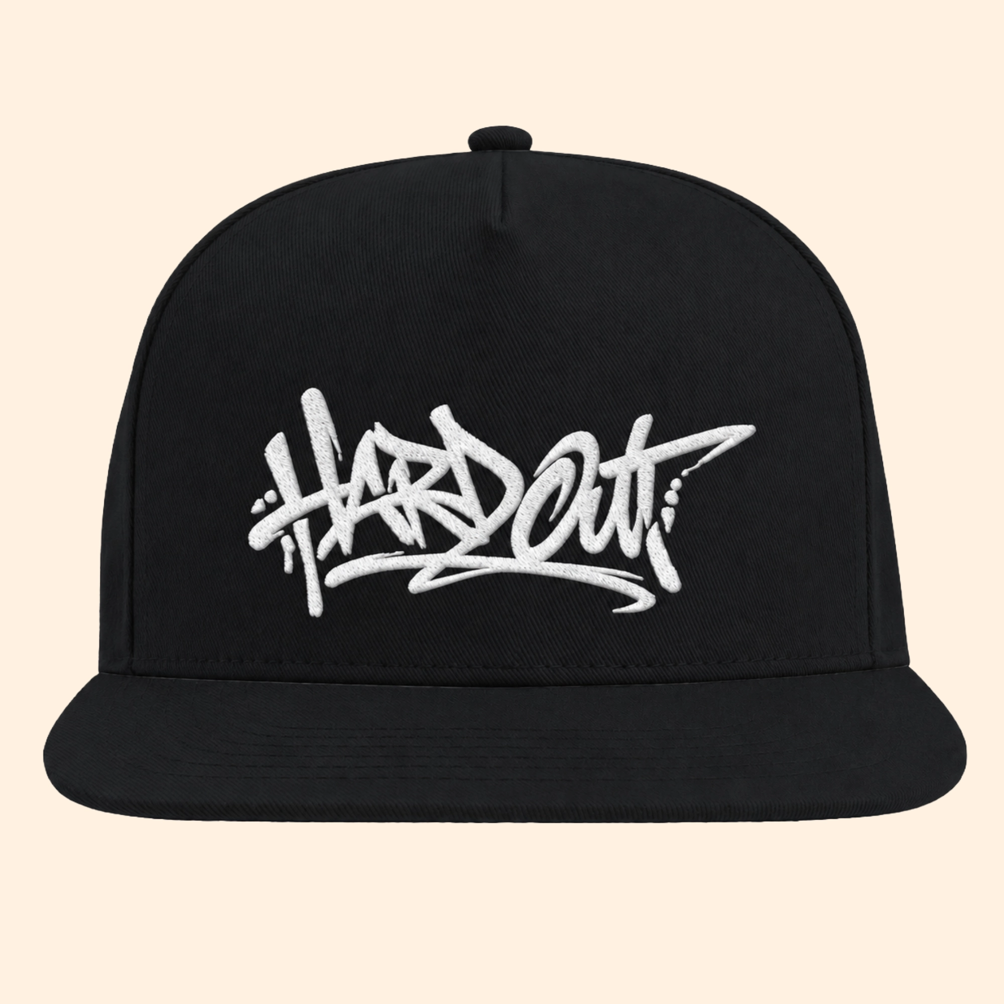 Black flat bill snapback cap with white HARDOUT embroidery