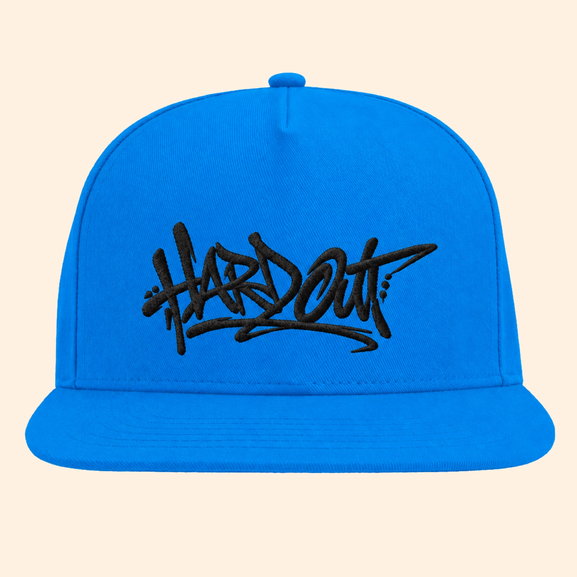Blue flat bill snapback cap with black HARDOUT embroidery
