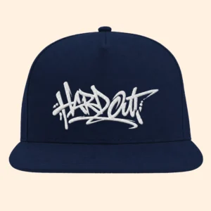 Navy flat bill snapback cap with white HARDOUT embroidery