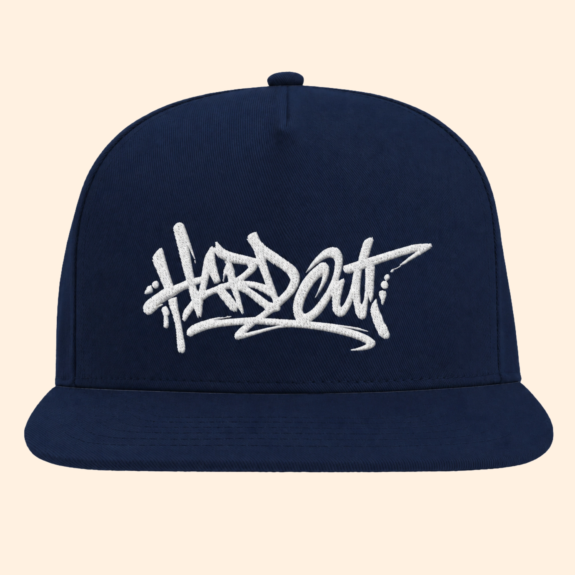 Navy flat bill snapback cap with white HARDOUT embroidery