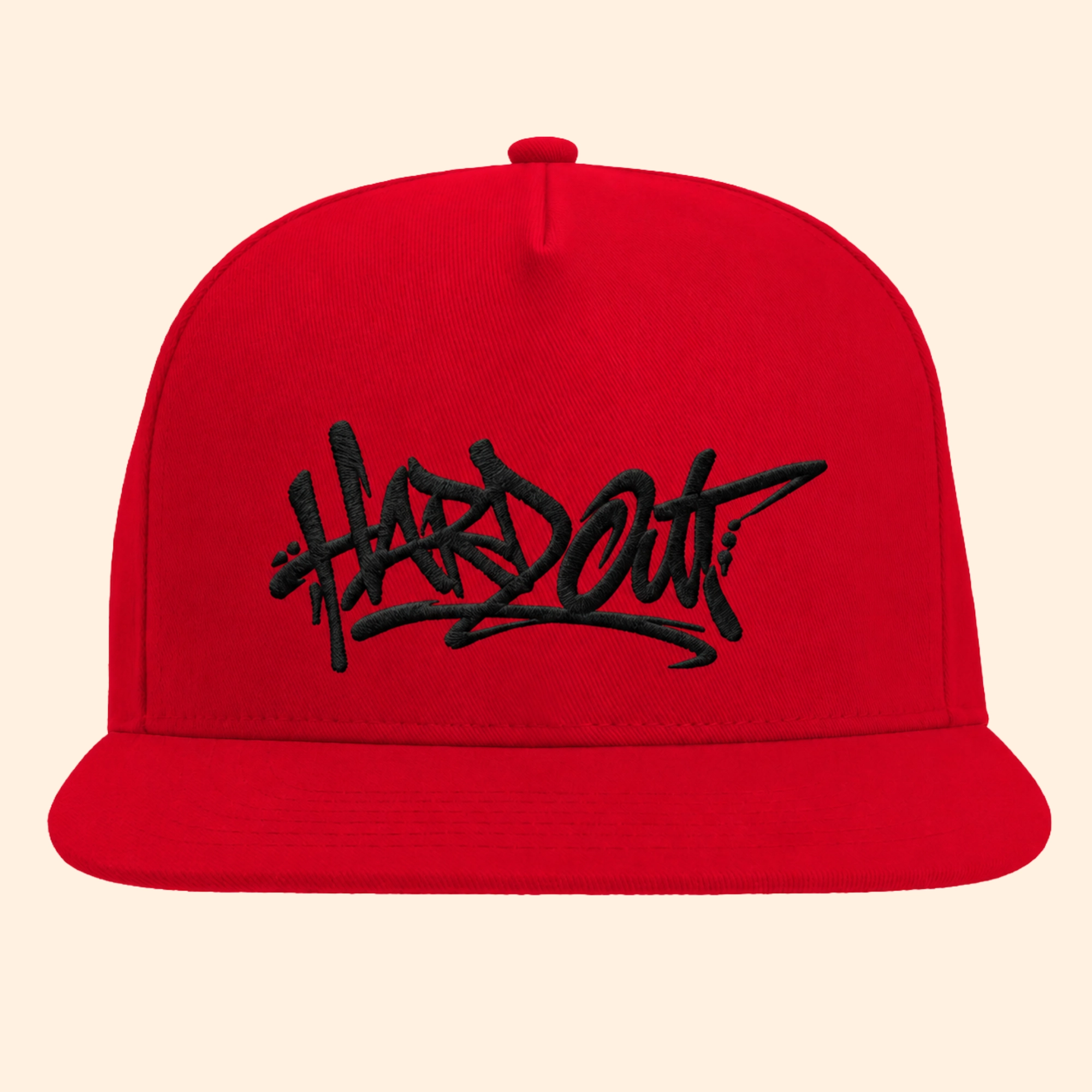 Red flat bill snapback cap with black HARDOUT embroidery