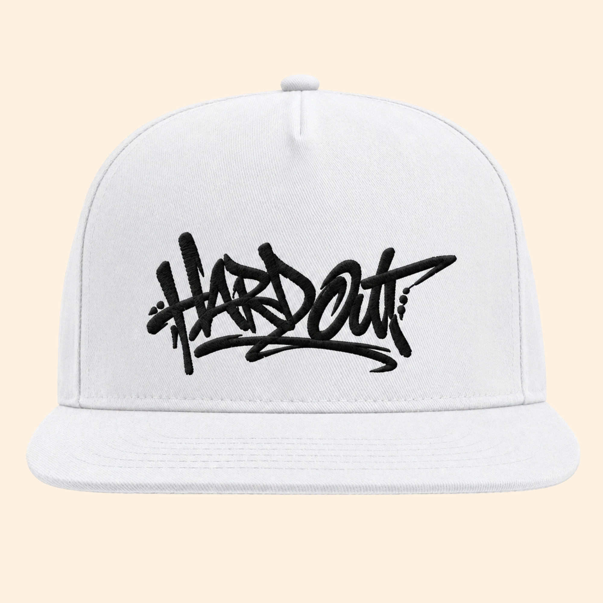 White flat bill snapback cap with black HARDOUT embroidery