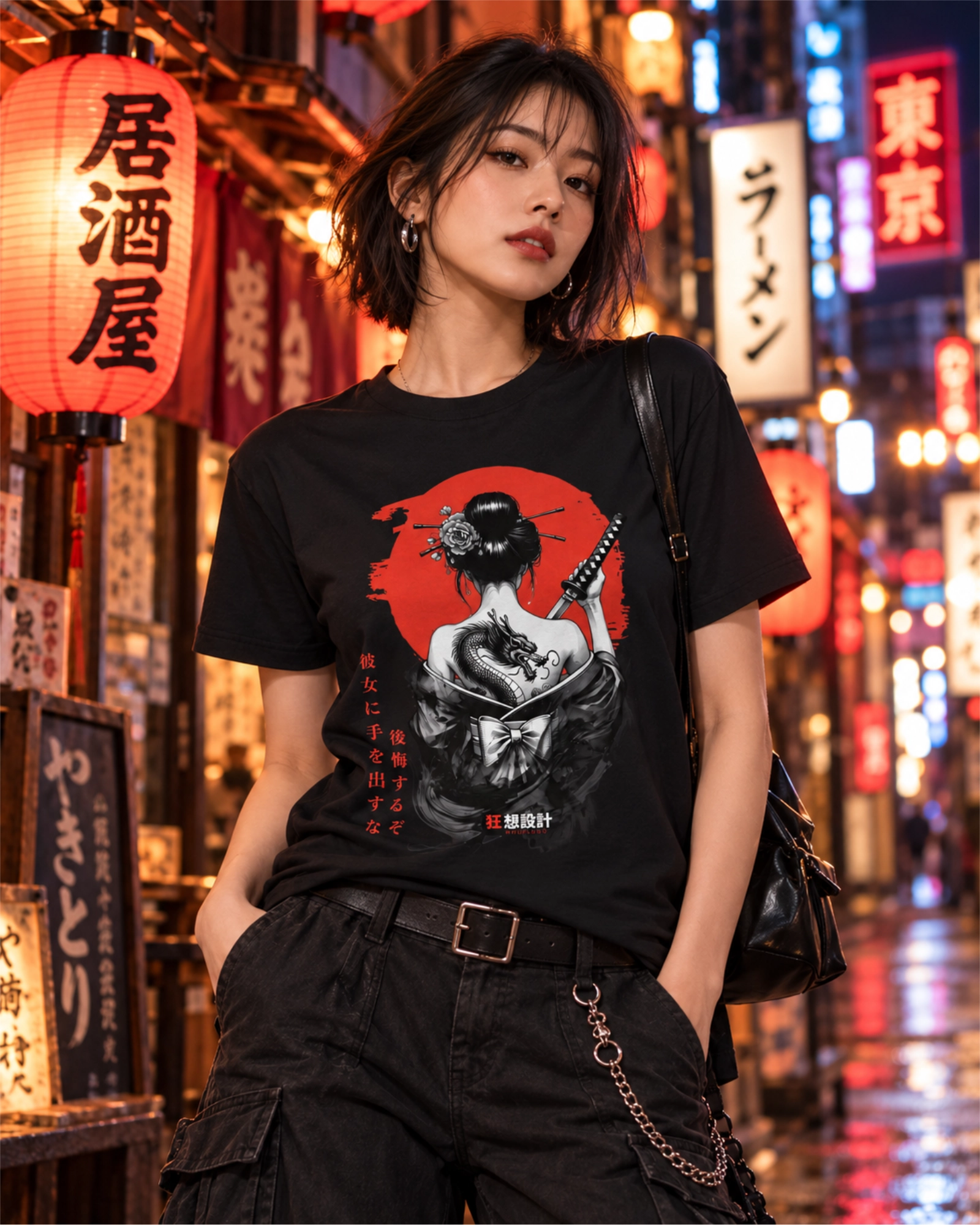 Woman wearing a black Onna-Bugeisha T-shirt with red and black swordswoman artwork on a neon-lit Japanese street at night.