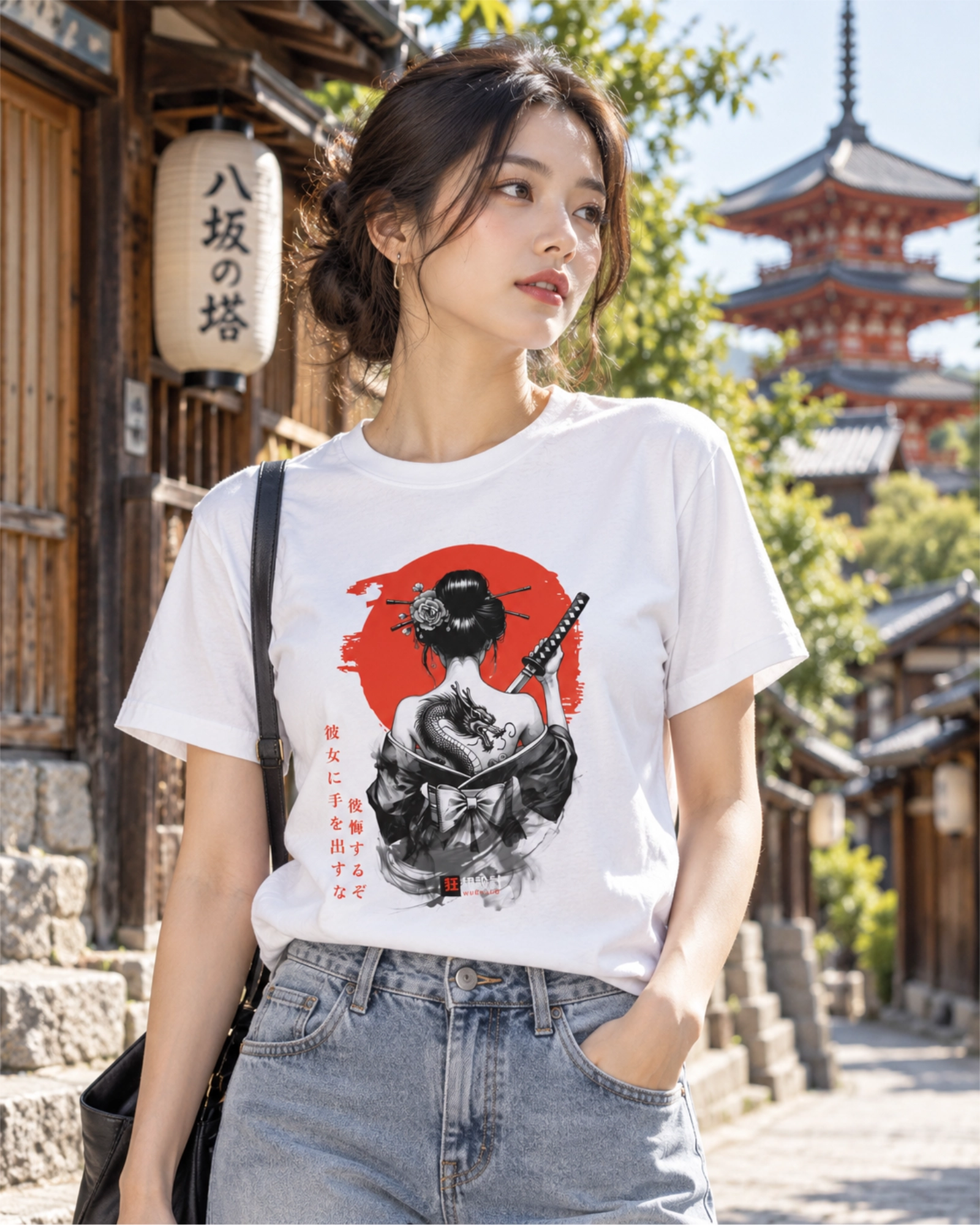 Woman wearing a white Onna-Bugeisha T-shirt with dragon-tattooed swordswoman artwork on a traditional Japanese street.