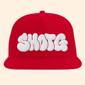 Red flat bill cap with white SHOT G embroidery