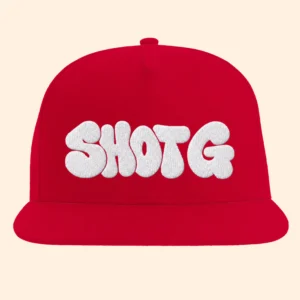Red flat bill snapback cap with white SHOT G embroidery