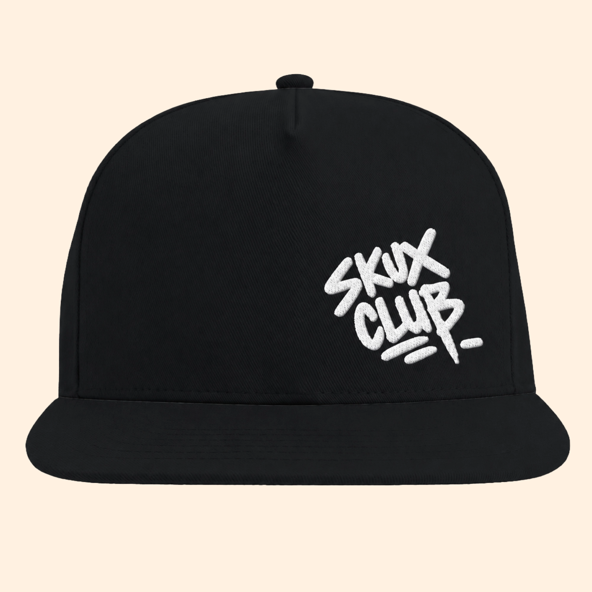 Front view of a black flat bill cap with white SKUX CLUB graffiti-style embroidery positioned off-centre on the front panel.