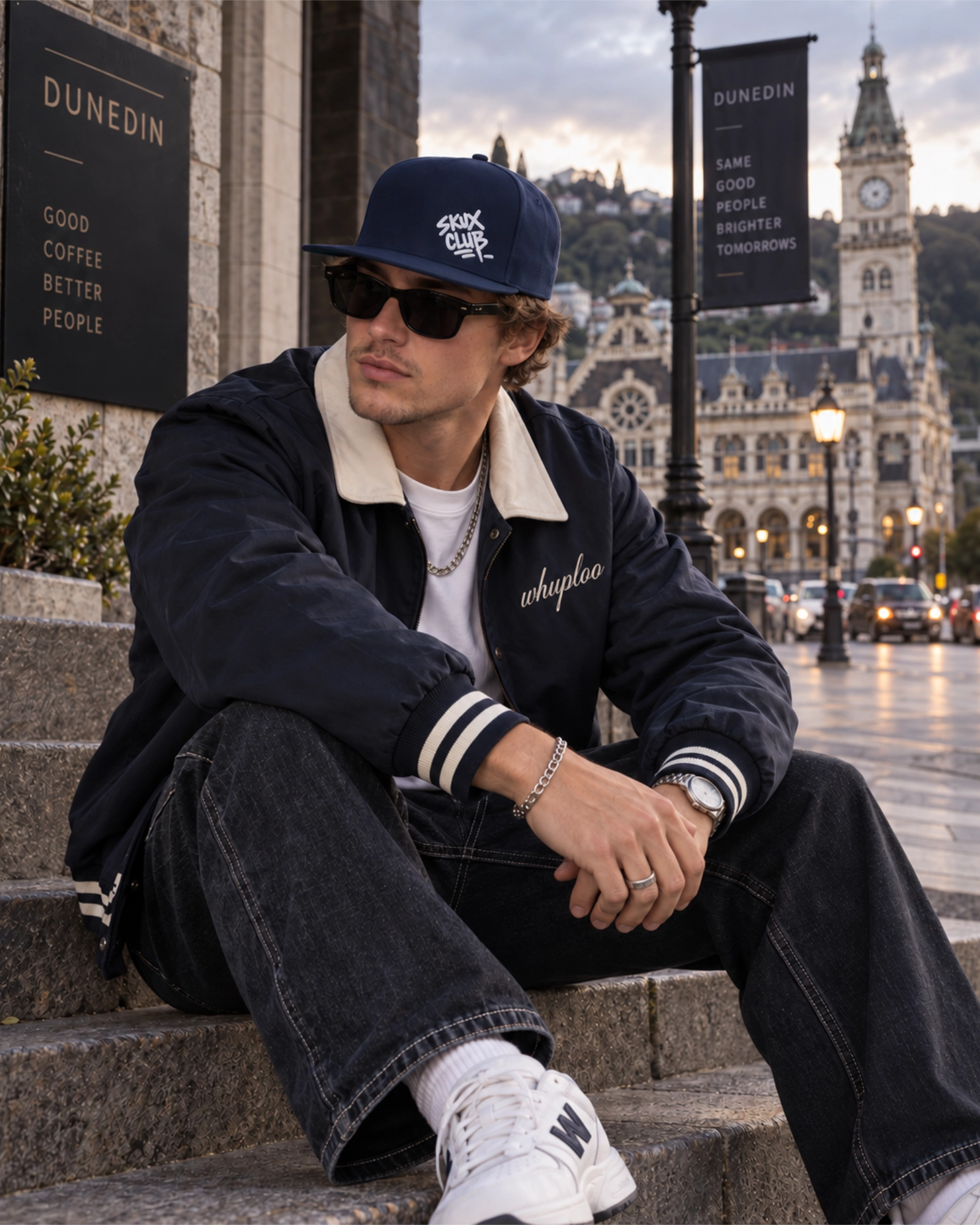 Young man sitting on stone steps in Dunedin wearing a navy SKUX CLUB flat bill cap with white handstyle tag embroidery and a dark Whuploo jacket