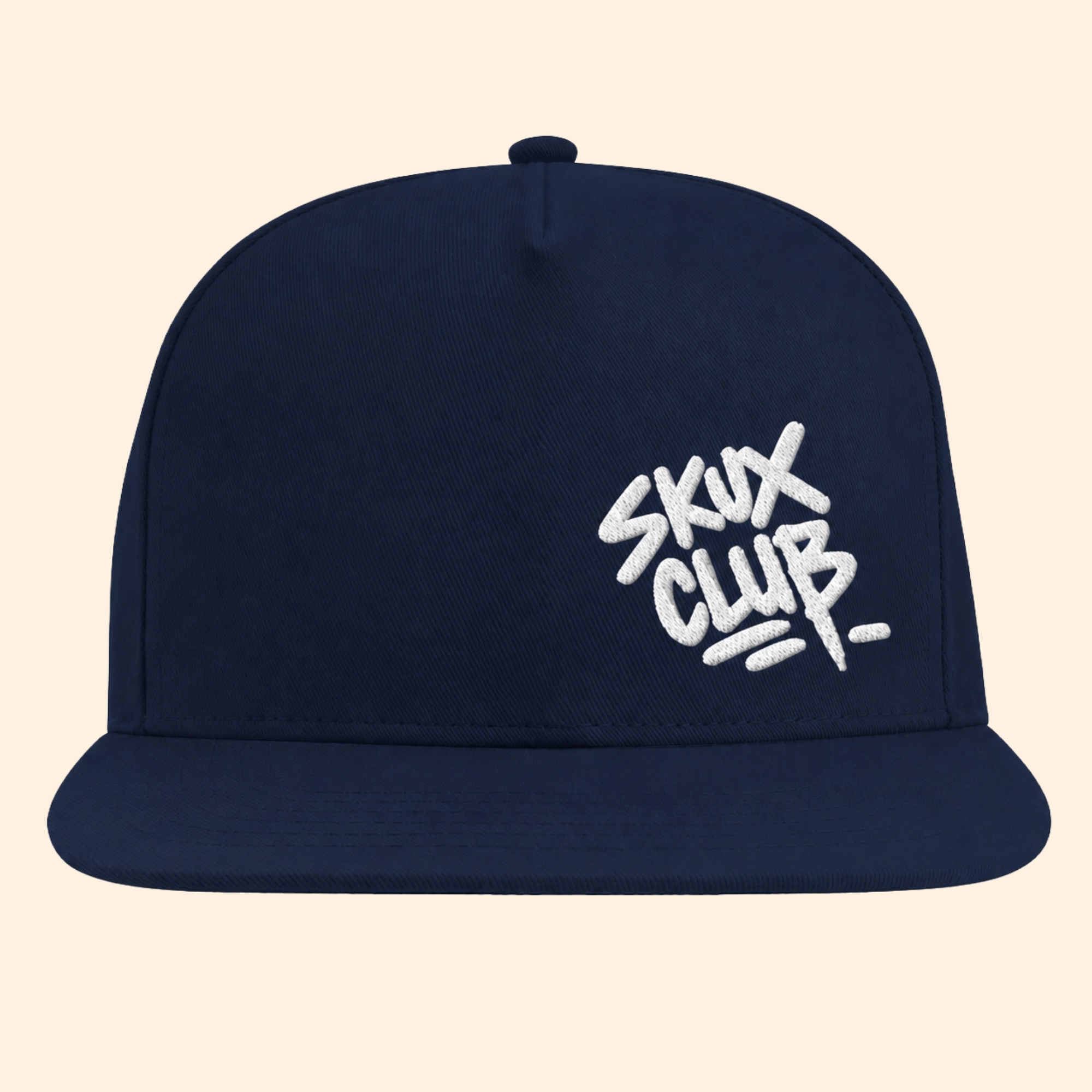 Front view of a navy flat bill cap with white SKUX CLUB graffiti handstyle embroidery on the off-centre front panel.