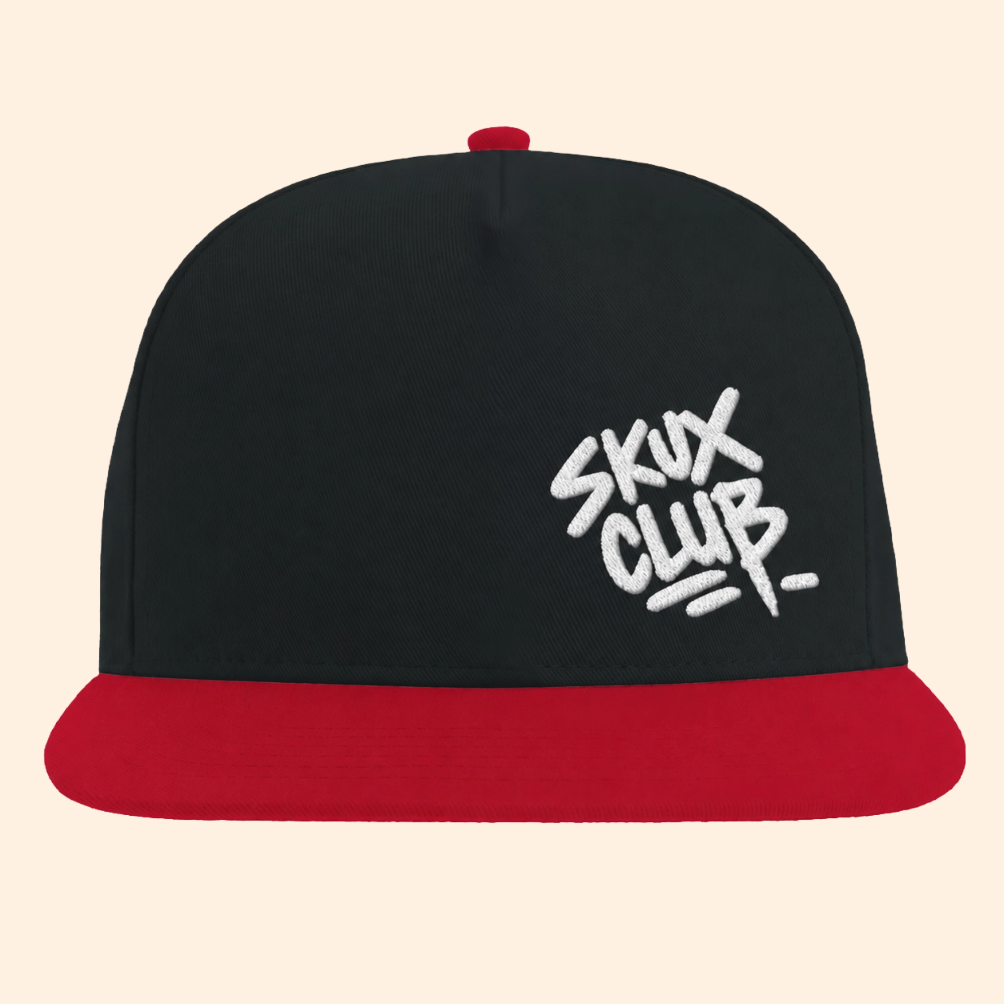 Front view of a black flat bill cap with a red brim, red top button and white SKUX CLUB graffiti handstyle embroidery.