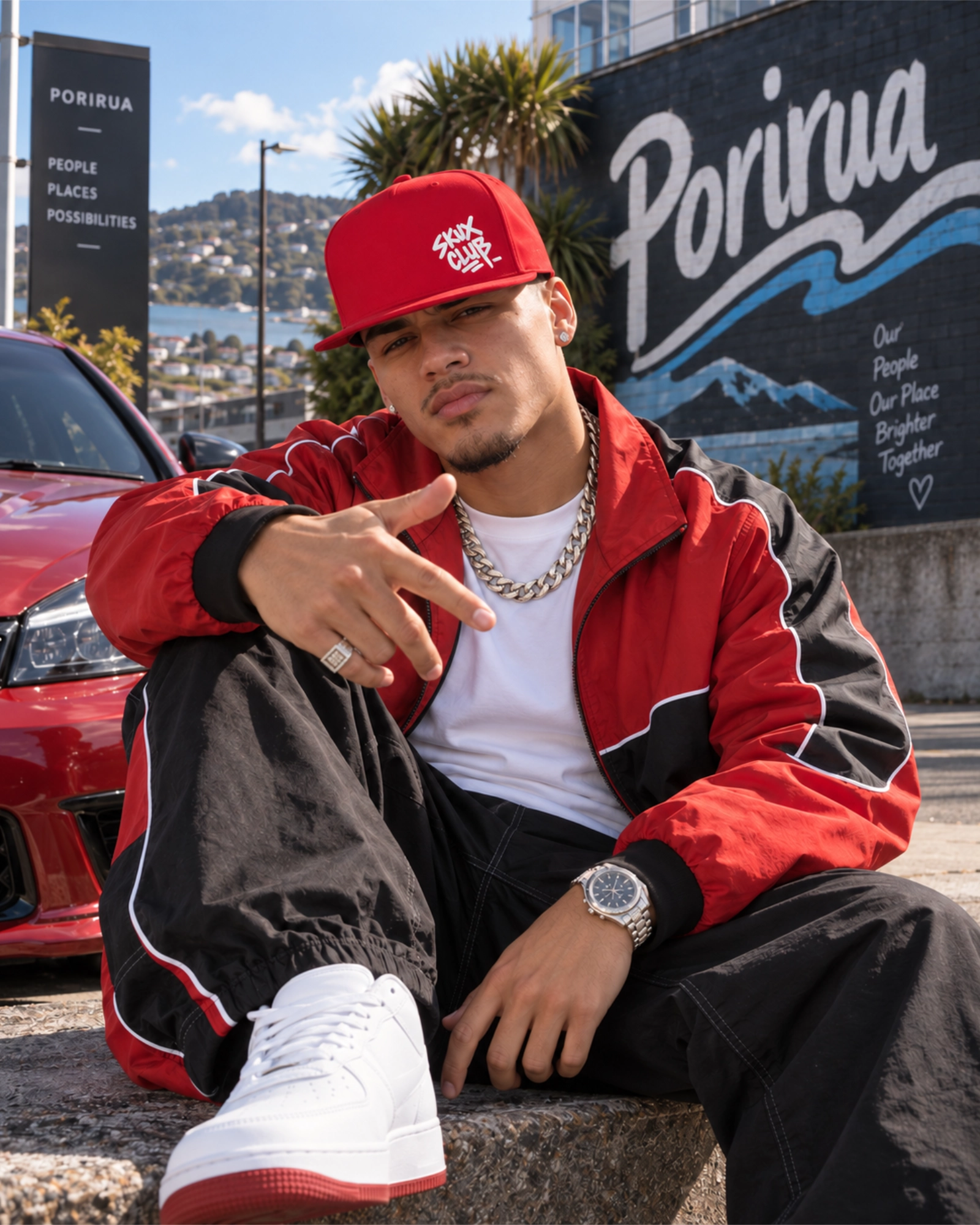 Man sitting on concrete steps in Porirua wearing a red SKUX CLUB flat bill cap with white graffiti handstyle embroidery and a red-and-black tracksuit.