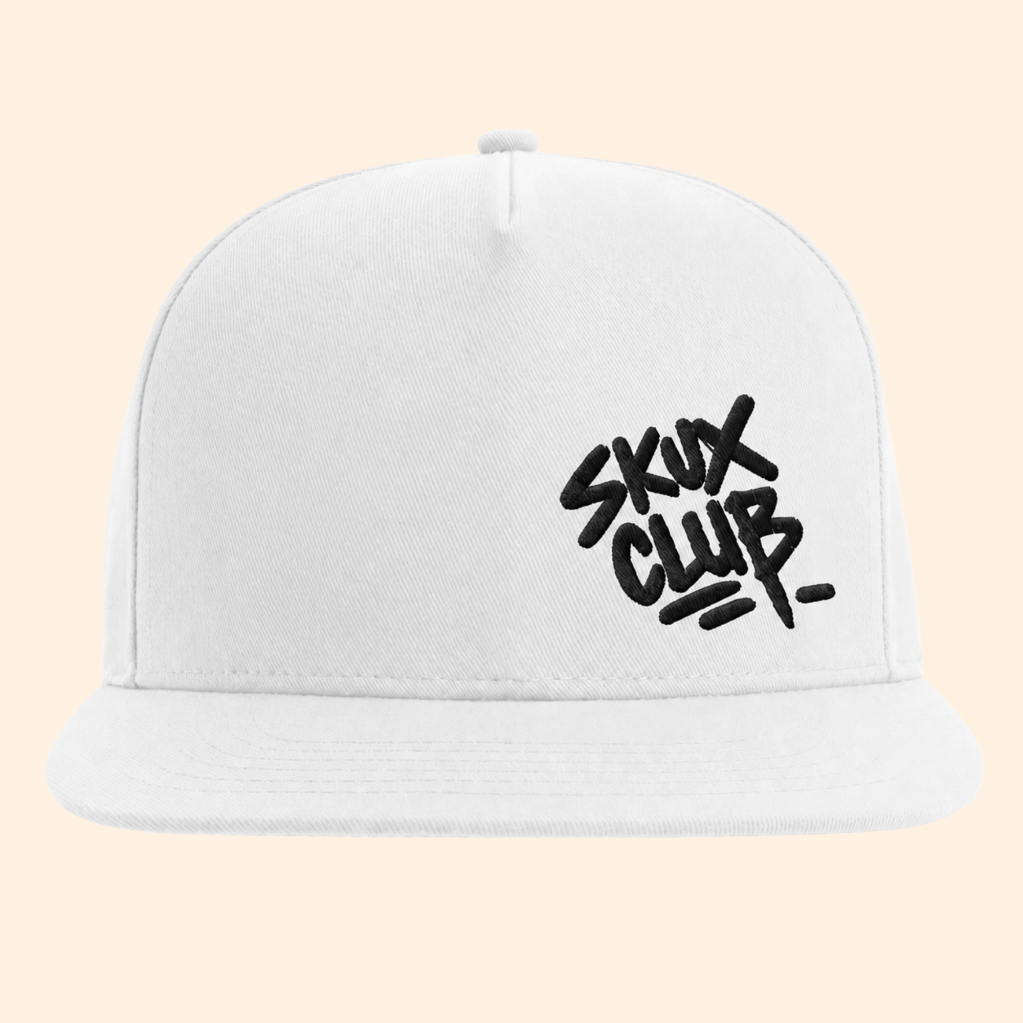 Front view of a white flat bill cap with black SKUX CLUB graffiti handstyle embroidery positioned off-centre on the front crown.
