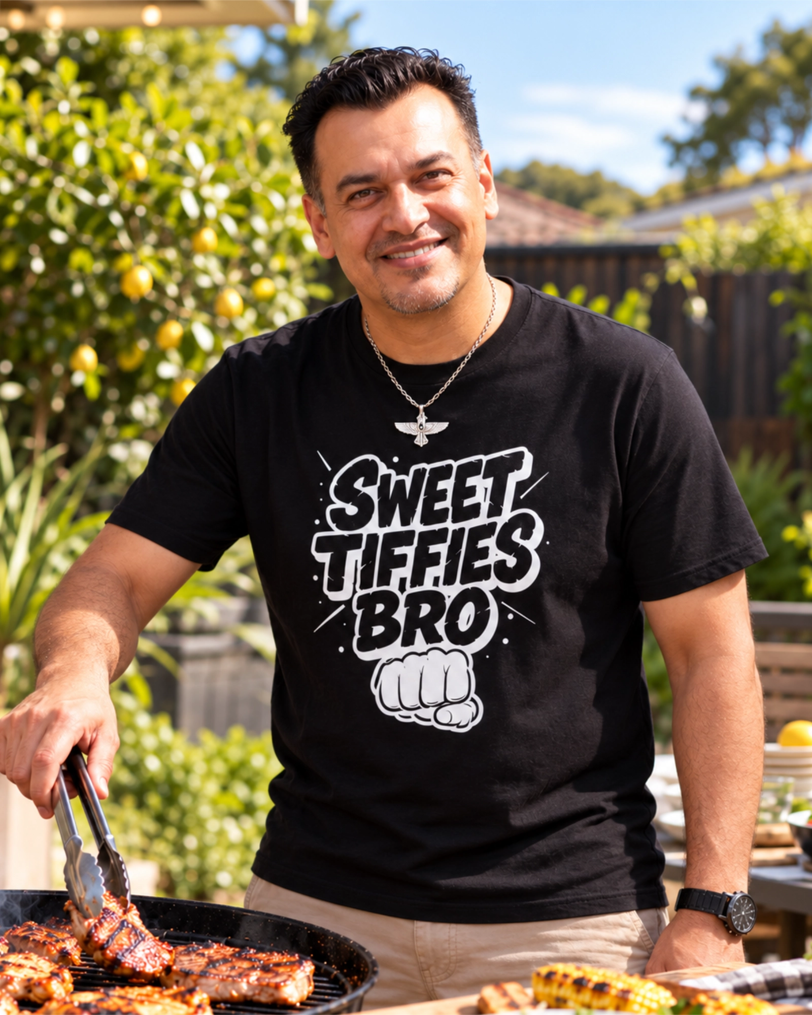 Man wearing a black Sweet Tiffies Bro graphic T-shirt while grilling at a sunny backyard barbecue.